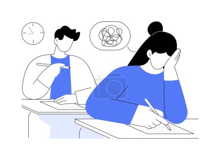 Téléchargez les illustrations : Stressed at the exam isolated cartoon vector illustrations. Stressed teenager passing exam, girl trying to remember information, educational process at university, student life vector cartoon. - en licence libre de droit