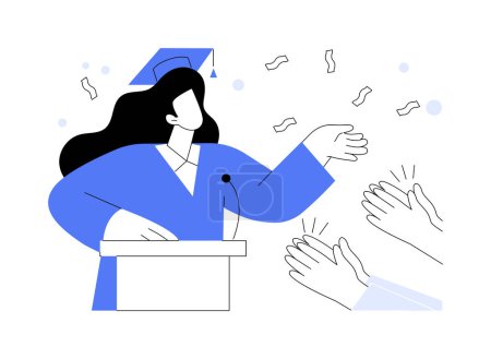 Illustration for Graduation speech isolated cartoon vector illustrations. Graduate girl giving her commencement speech, student in a mantle speaks into a microphone, university education is over vector cartoon. - Royalty Free Image
