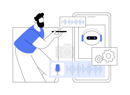 Illustration for Smartphone personal assistants isolated cartoon vector illustrations. Man with smartphone talking to voice assistant, IT technology, online assistant, machine learning vector cartoon. - Royalty Free Image
