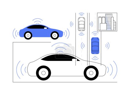 Téléchargez les illustrations : Connected vehicles isolated cartoon vector illustrations. Many cars connected to the internet via WLAN, sharing data with devices inside and outside the vehicle, smart city vector cartoon. - en licence libre de droit