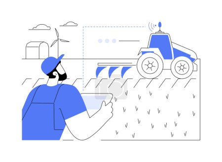Illustration for Remote machine navigation abstract concept vector illustration. Farmer with smartphone controls machine navigation, tractors and heavy ploughing equipment run automatically abstract metaphor. - Royalty Free Image