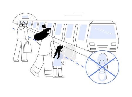 Téléchargez les illustrations : Métro sécurité abstraite concept vectoriel illustration. Groupe de passagers du métro se tiennent derrière la ligne, les transports urbains, les règles de sécurité des transports publics, garder la métaphore abstraite distance. - en licence libre de droit