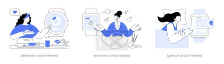 Illustration for Smartwatch features isolated cartoon vector illustrations set. Calorie tracking, healthy lifestyle gadget, person check stress level with application, sleeping app, pulse indicator vector cartoon. - Royalty Free Image