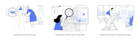 Illustration for Smartwatch applications isolated cartoon vector illustrations set. Fall detection notification feature, woman check cycle day using app, activity tracking, fitness and health vector cartoon. - Royalty Free Image