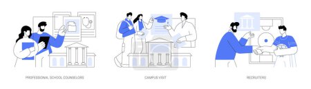 Illustration for Connect with a college isolated cartoon vector illustrations set. Talk to professional school counselor, future students visit campus together, recruiter makes scholarship offer vector cartoon. - Royalty Free Image