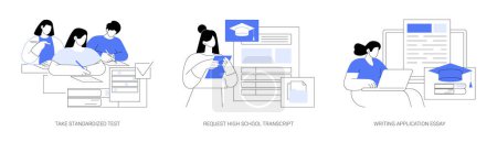 Illustration for College admission process isolated cartoon vector illustrations set. Graduates take standardized test, request high school transcript, records of courses, writing application essay vector cartoon. - Royalty Free Image