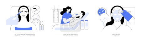 Illustration for Skin treatment isolated cartoon vector illustrations set. Professional cosmetologists makes beauty injection to woman, skin fillers, face rejuvenation procedure, chemical peel mask vector cartoon. - Royalty Free Image