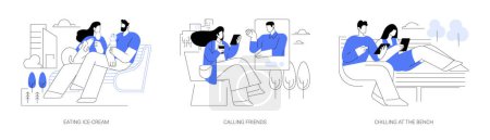 Illustration for Leisure time in city park isolated cartoon vector illustrations set. Eating ice-cream, talking to friends online, chilling at the bench, walking with a dog, family weekend vector cartoon. - Royalty Free Image