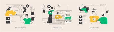 Illustration for Video platform content abstract concept vector illustration set. Technical review, car test-drive, unboxing video, blog monetization, vlog post idea, online auto advertising abstract metaphor. - Royalty Free Image