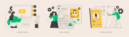 Illustration for Media and tv content abstract concept vector illustration set. Content rating, viral content, podcast creation, games and apps, video production, engaging marketing, entertainment abstract metaphor. - Royalty Free Image