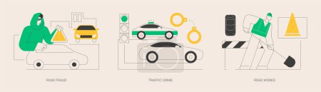Illustration for Road safety abstract concept vector illustration set. Traffic crime and fraud, road works, fellow traveller, hitchhiking, criminal traffic, construction and repair, speed limit sign abstract metaphor. - Royalty Free Image