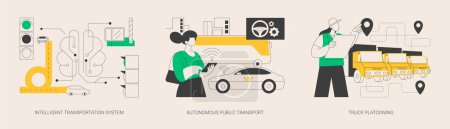 Illustration for Modern logistics abstract concept vector illustration set. Intelligent transportation system, autonomous public transport, truck platooning, smart taxi, automated highway, traffic abstract metaphor. - Royalty Free Image