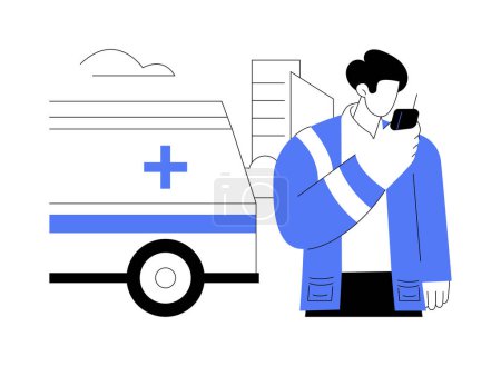 Téléchargez les illustrations : Illustration vectorielle abstraite du concept de conducteur d'ambulance. Chauffeur de véhicule d'ambulance parlant à la radio, appel d'urgence, transport industriel, métaphore abstraite du secteur de la santé. - en licence libre de droit
