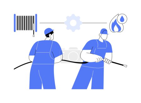 Illustration for Fire hose abstract concept vector illustration. Group of rescuers extinguish the fire using hose, emergency vehicle, industrial transportation, flame prevention services abstract metaphor. - Royalty Free Image