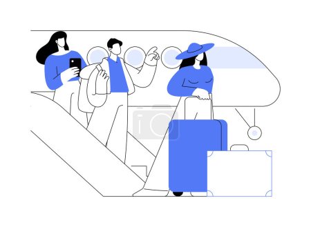 Illustration for Disembarkation abstract concept vector illustration. Group of diverse people getting off the plane, airway transportation, commercial air transport, disembarkation process abstract metaphor. - Royalty Free Image