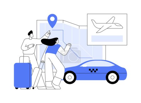 Illustration for Airport taxi abstract concept vector illustration. Young couple with luggage using airport taxi services, airway transportation, commercial air transport, get to the destination abstract metaphor. - Royalty Free Image
