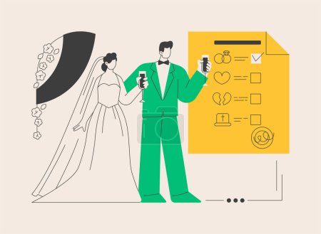Illustration for Marital status abstract concept vector illustration. Civil status, persons relationship, single married, checkbox, marital state, wedding rings, married couple, divorced widowed abstract metaphor. - Royalty Free Image