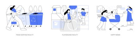 Illustration for City park environment isolated cartoon vector illustrations set. Trash sorting and recycling facility, playground in the city park, happy moms walk with strollers and drink coffee vector cartoon. - Royalty Free Image