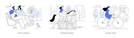 Illustration for City park activities isolated cartoon vector illustrations set. Happy weekend, horseback riding, cycling track, eating pizza together, biking route, active pastime, leisure time vector cartoon. - Royalty Free Image