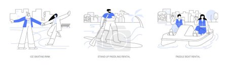 Illustration for Active sport in city park isolated cartoon vector illustrations set. Ice skating rink, stand up paddling rental, paddle boat rental, urban winter sports, active sport training vector cartoon. - Royalty Free Image