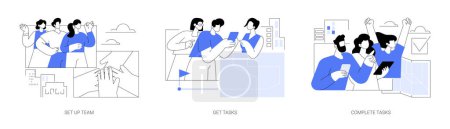 Illustration for City quest isolated cartoon vector illustrations set. Set up scavenger hunt team, get and complete tasks, discussing an action plan, people urban lifestyle, game challenge vector cartoon. - Royalty Free Image