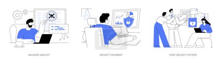 Cybersecurity professions isolated cartoon vector illustrations set. Professional malware analyst examines computer viruses, security engineer at work, chief datacenter officer vector cartoon.