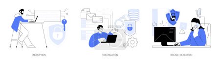 Illustration for Data privacy isolated cartoon vector illustrations set. IT specialist works on encryption, safe network connection, tokenization process, cybersecurity, data breach detection vector cartoon. - Royalty Free Image