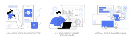 Ensemble d'illustrations vectorielles conceptuelles abstraites AI in Customer Support. Chatbots améliorés en IA pour le soutien à la clientèle, analyse prédictive du sentiment client, enquêtes de routine Traitement de métaphore abstraite.