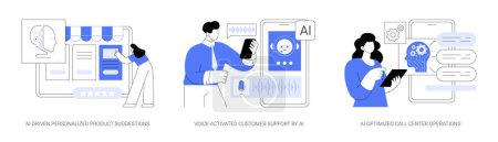 Ensemble d'illustrations vectorielles conceptuelles abstraites du service clientèle AI. Suggestions de produits personnalisées basées sur l'IA, support client à activation vocale, métaphore abstraite des opérations du centre d'appels optimisé pour l'IA.