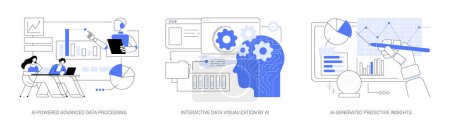 Illustration for AI-Powered Data Analysis abstract concept vector illustration set. AI-Powered Advanced Data Processing, Interactive Data Visualization by AI, AI-Generated Predictive Insights abstract metaphor. - Royalty Free Image