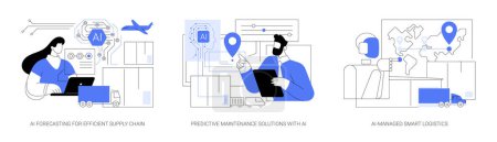 Illustration for AI in Supply Chain Management abstract concept vector illustration set. AI Forecasting for Efficient Supply Chain, Predictive Maintenance Solutions, AI-Managed Smart Logistics abstract metaphor. - Royalty Free Image