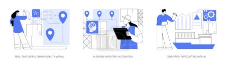 Illustration for AI in logistics and warehousing abstract concept vector illustration set. Real-Time Supply Chain Visibility with AI, AI-Driven Inventory Automation, Disruption Forecasting with AI abstract metaphor. - Royalty Free Image