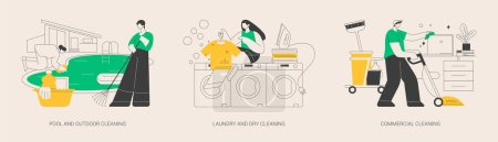 Illustration for Laundry and cleaning facilities abstract concept vector illustration set. Pool and outdoor cleanup, laundry and dry cleaning, office maintenance, power washing, patio polishing abstract metaphor. - Royalty Free Image