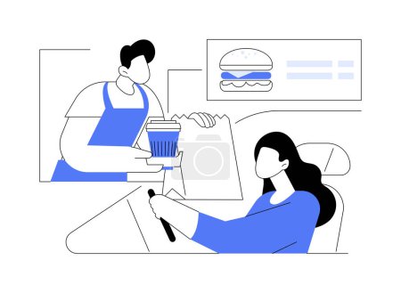 Ilustración de Getting order isolated cartoon vector illustrations. Young woman sitting in car and getting her order from drive in restaurant worker, buying fast food and hot drinks vector cartoon. - Imagen libre de derechos