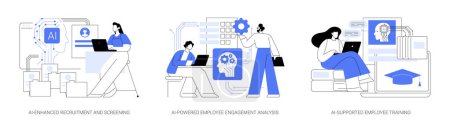 Téléchargez les illustrations : AI in Human Resources abstract concept vector illustration set. Recrutement et présélection améliorés par l'IA, analyse de l'engagement des employés alimentée par l'IA, métaphore du résumé de la formation des employés appuyée par l'IA. - en licence libre de droit