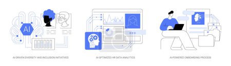 AI use in Human Resources abstract concept vector illustration set. AI-Driven Diversity and Inclusion Initiatives, AI-Optimized HR Data Analytics, AI-Powered Onboarding Process abstract metaphor.
