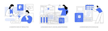 Ilustración de Artificial Intelligence in Human Resources abstract concept vector illustration set. Resolución de conflictos asistida por IA, programas de salud y bienestar mejorados por IA, resumen de programación de empleados impulsado por IA - Imagen libre de derechos