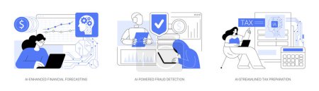 Illustration for AI in Finance and Accounting abstract concept vector illustration set. AI-Enhanced Financial trends Forecasting, AI-Powered Fraud Detection, AI-Streamlined Tax Preparation abstract metaphor. - Royalty Free Image