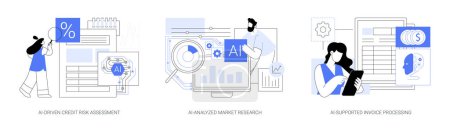 Illustration for AI in financial management abstract concept vector illustration set. AI-Driven Credit Risk Assessment, AI-Analyzed Market Research, AI-Supported Invoice Processing and payment abstract metaphor. - Royalty Free Image