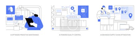 Illustration for AI in Manufacturing abstract concept vector illustration set. AI-Optimized Predictive Maintenance, AI-Powered Quality Control, Supply Chain Optimization, demand forecasting abstract metaphor. - Royalty Free Image