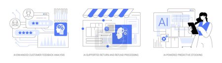 Illustration for Online shopping with AI Technology abstract concept vector illustration set. AI-Enhanced Customer Feedback Analysis, AI-Supported Return and Refund Processing, Predictive Stocking abstract metaphor. - Royalty Free Image