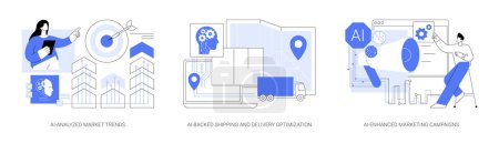 Illustration for AI Technology in E-commerce abstract concept vector illustration set. AI-Analyzed Market Trends, AI-Backed Shipping and Delivery Optimization, AI-Enhanced Marketing Campaigns abstract metaphor. - Royalty Free Image