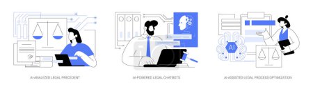 Illustration for AI in jurisprudence abstract concept vector illustration set. AI-Analyzed Legal Precedent, AI-Powered Legal Chatbots, AI-Assisted Legal Process Optimization, knowledge management abstract metaphor. - Royalty Free Image