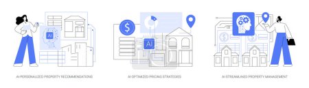 Illustration for AI in Real Estate abstract concept vector illustration set. AI-Personalized Property Recommendation, AI-Optimized Pricing Strategies, rental rate, AI-Streamlined Property Management abstract metaphor. - Royalty Free Image