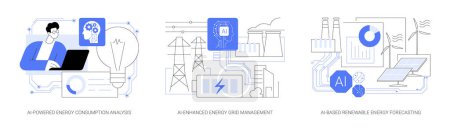 Illustration for AI in Energy production and use abstract concept vector illustration set. AI-Powered Energy Consumption Analysis, AI-Enhanced Energy Grid Management, Renewable Energy Forecasting abstract metaphor. - Royalty Free Image