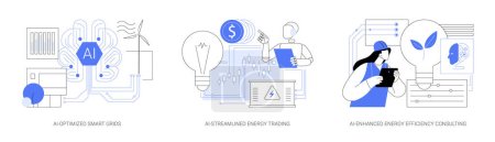 Illustration for AI in Energy supply abstract concept vector illustration set. AI-Optimized Smart Grids, AI-Streamlined Energy Trading, supply and demand, AI-Enhanced Energy Efficiency Consulting abstract metaphor. - Royalty Free Image