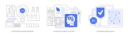 Illustration for AI in energy consumption abstract concept vector illustration set. AI-Supported Demand Response, AI-Analyzed Carbon Footprint, AI-Powered Grid Security abstract metaphor. - Royalty Free Image