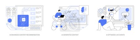 Illustration for AI in Entertainment abstract concept vector illustration set. AI-Enhanced Content Recommendation, viewing history, AI-Generated Content, AI-Optimized Live Events, ticket sales abstract metaphor. - Royalty Free Image