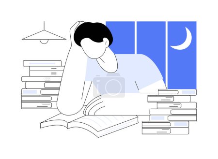 Illustration for Study late at night isolated cartoon vector illustrations. Tired boy studying hard at late evening, educational process, preparing for university classes, pile of books around vector cartoon. - Royalty Free Image