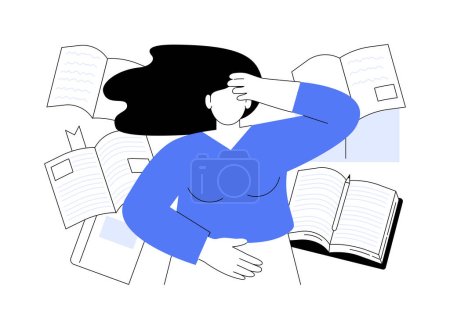 Illustration for Worries before exams isolated cartoon vector illustrations. Young girl is nervous before exams, lying on the floor with diversity of books, educational process at college vector cartoon. - Royalty Free Image